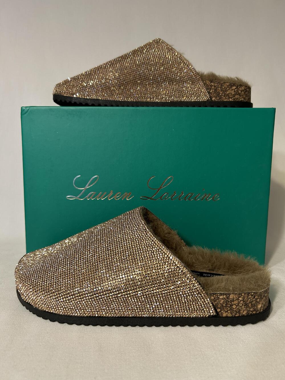 Lauren Lorraine Womens Size 6.5 Gold Lizzy Rhinestone Clog Mule Faux Fur Cork